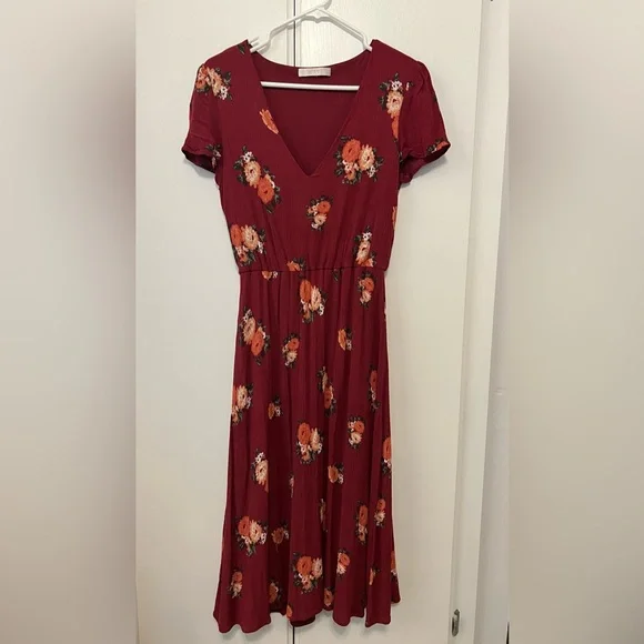 knee length dresses for ladies Burgundy Floral Midi Dress Women Modest Dress Large main image 1